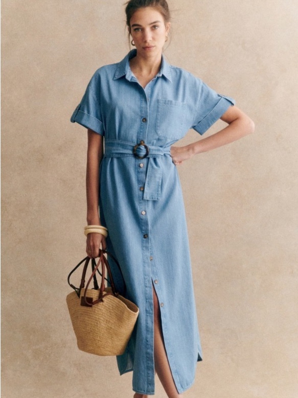 Sezane Light Blue Denim Shirt Maxi Dress with Tortoiseshell Belt